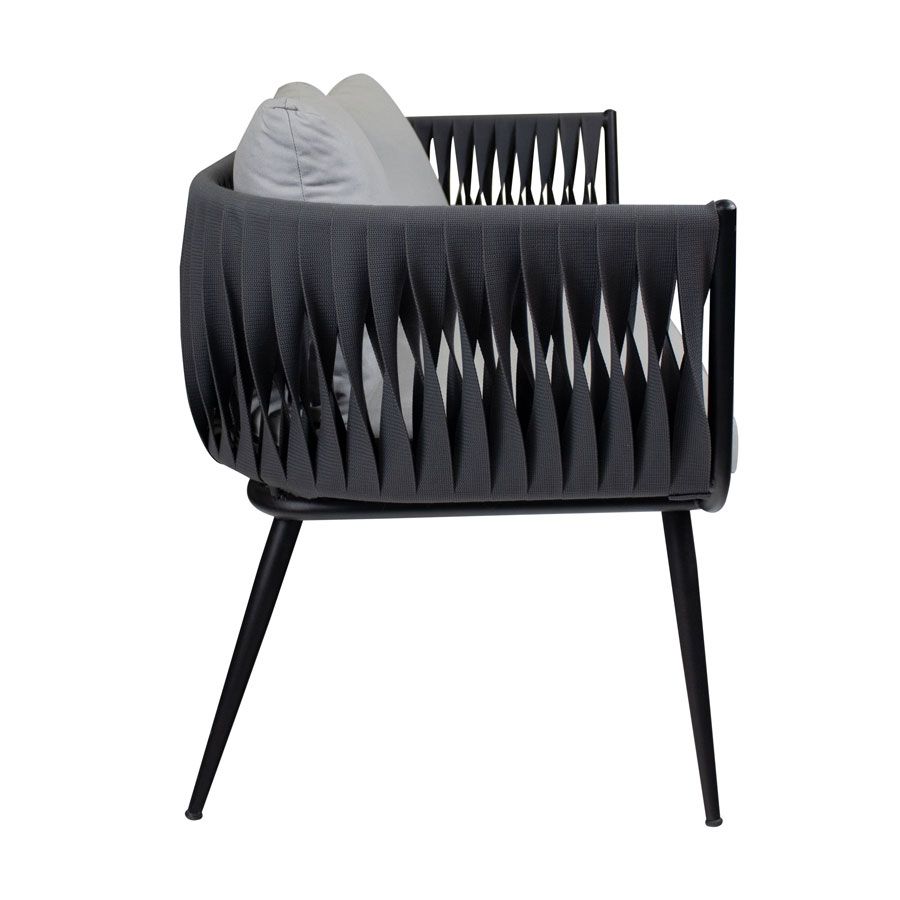 mozzini belt 2 seater sofa matt black frame / anthracite rope weave / light grey cushions za.6765c