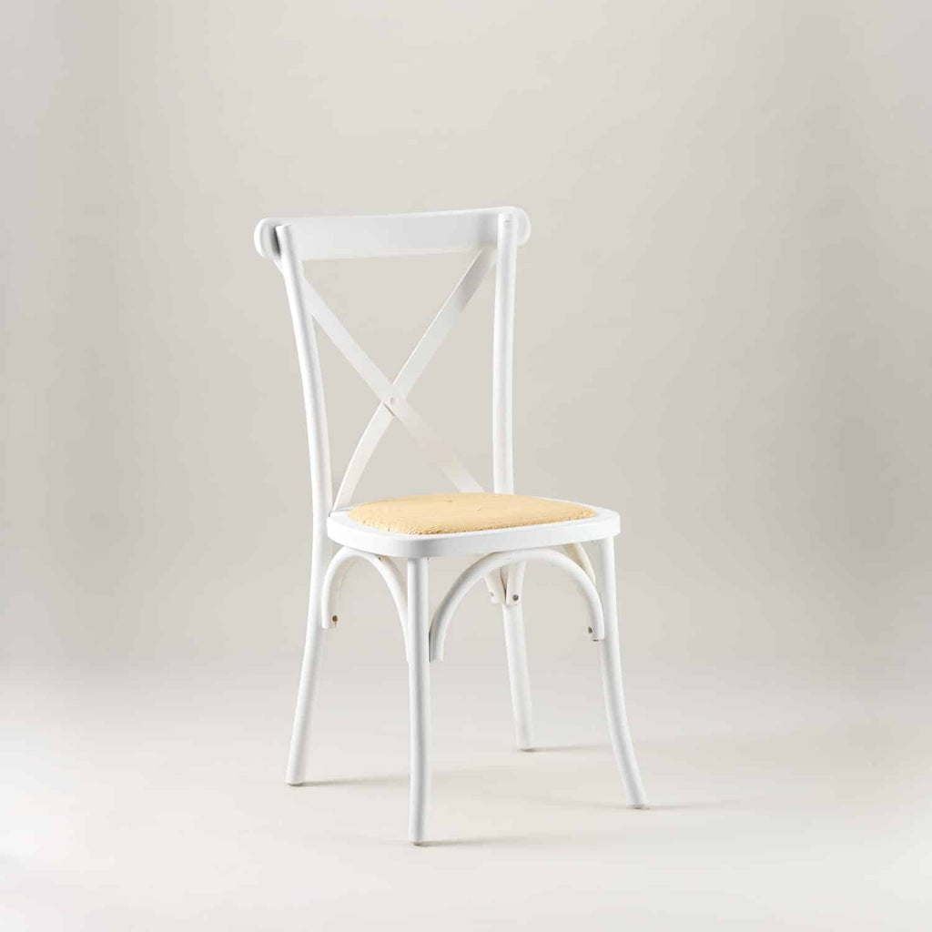 White crossback chair – rattan seat pad
